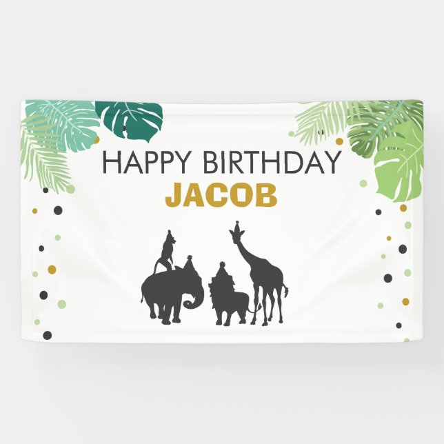 Lona Bandera de cumpleaños del zoológico Safari Jungle  (Horizontal)