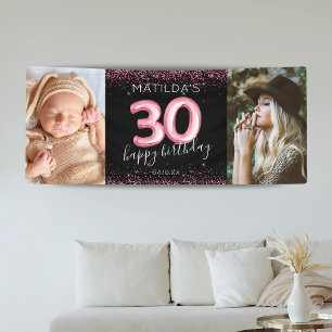 Lona Bandera de cumpleaños feliz Black Pink 30