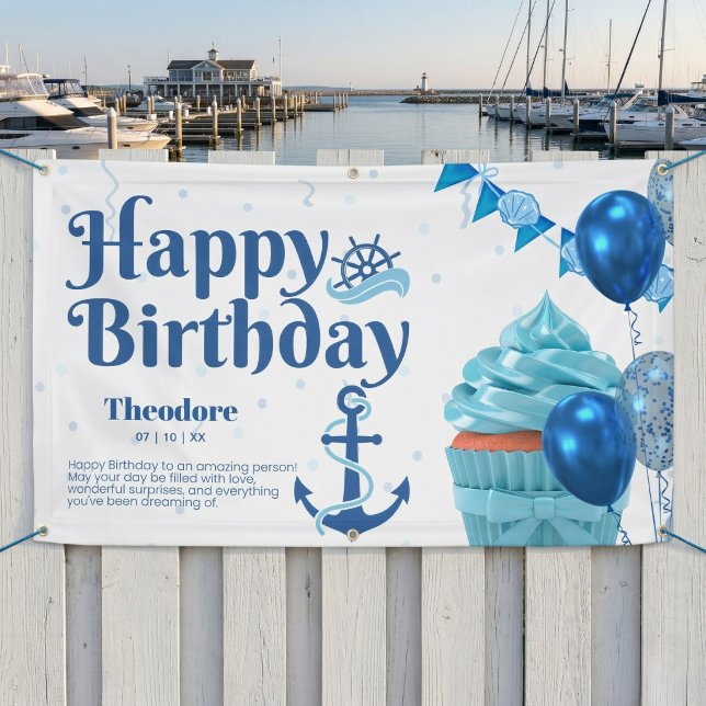 Lona Bandera de cumpleaños náutico (Perfectly personalized for your sailor.)