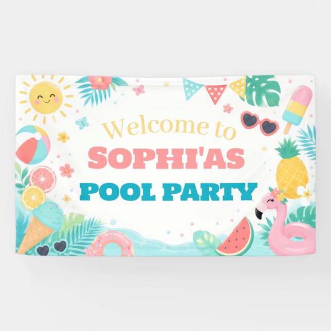 Lona Bandera de Cumpleaños para Fiesta en Piscina 'Uno  (Horizontal)