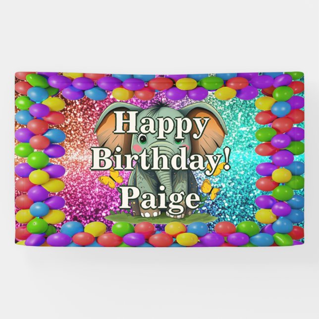 Lona Bandera de cumpleaños personalizada con elefante (Horizontal)