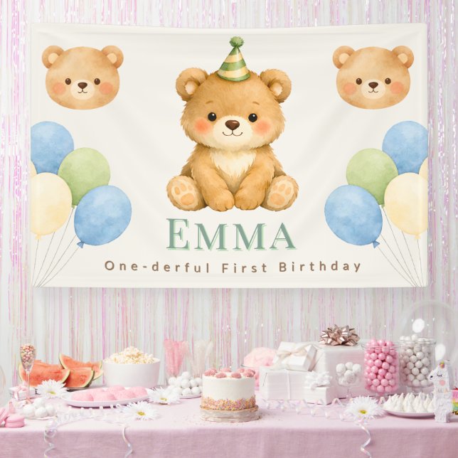 Lona Bandera de cumpleaños personalizada Onederful Bear (Fiesta)