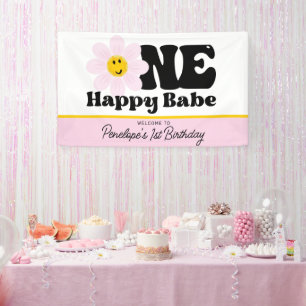 Lona Bandera de cumpleaños Pink Daisy One Happy Babe