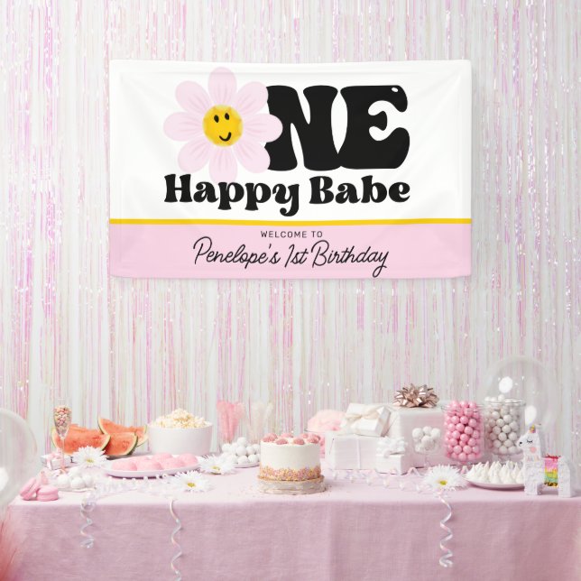 Lona Bandera de cumpleaños Pink Daisy One Happy Babe (Fiesta)