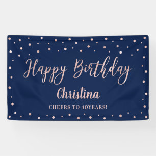 Lona Bandera de Cumpleaños Rosa Dorado y Azul Marino