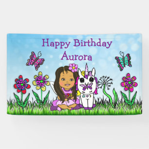 Lona Bandera de Cumpleaños Unicornio y Hada