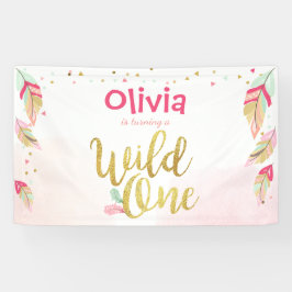 Lona Bandera de cumpleaños Wild one Plumas Dorado boho 
