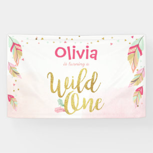 Lona Bandera de cumpleaños Wild one Plumas Dorado boho