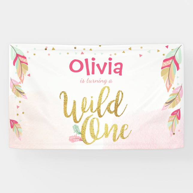 Lona Bandera de cumpleaños Wild one Plumas Dorado boho  (Horizontal)