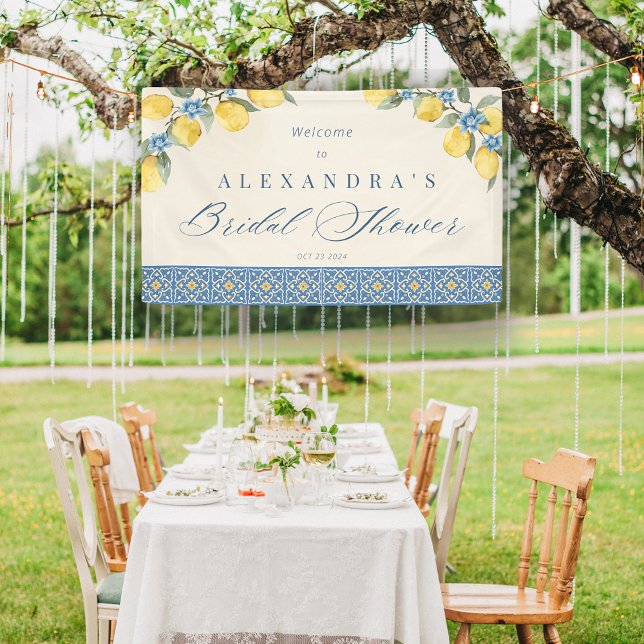 Lona Bandera de ducha de novia italiana con azulejos az (Lemon Blue Tiles Italian Bridal Shower Banner)