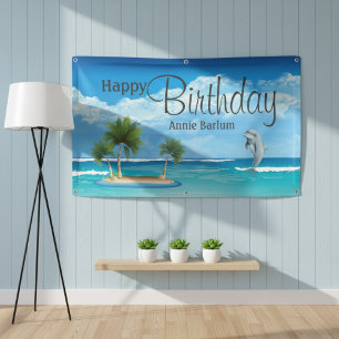 Lona Bandera de Feliz Cumpleaños de Delfín de Isla Pers