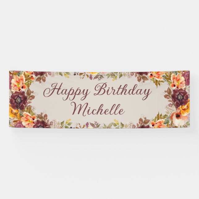 Lona Bandera de Feliz Cumpleaños Floral Naranja Óxido B (Horizontal)