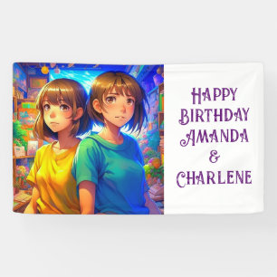 Lona Bandera de Feliz Cumpleaños para Gemelas con Tema 