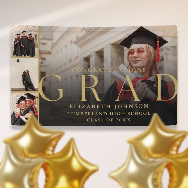Lona Bandera de fiesta de graduación moderna de collage (Gold Photo Collage Modern Graduation Party Banner)