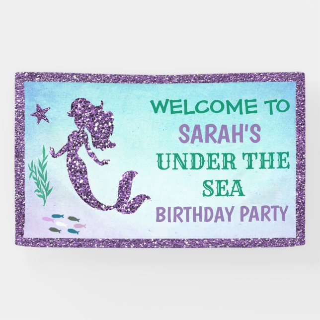 Lona Bandera de la fiesta de cumpleaños de la sirena (Horizontal)