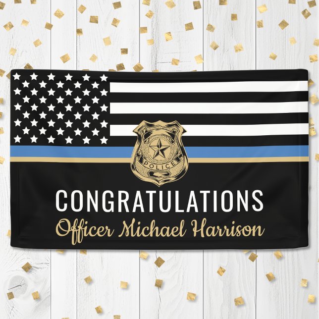 Lona Bandera de la Línea Azul de la Policía Felicitacio (Police Blue Line Flag Congratulations Graduation Banner)