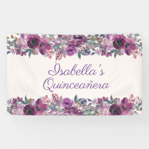 Lona Bandera de Quinceañera Floral Acuarela Morada