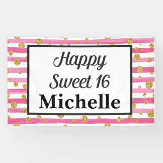 Lona Bandera del dulce 16 - rayas y purpurina rosados