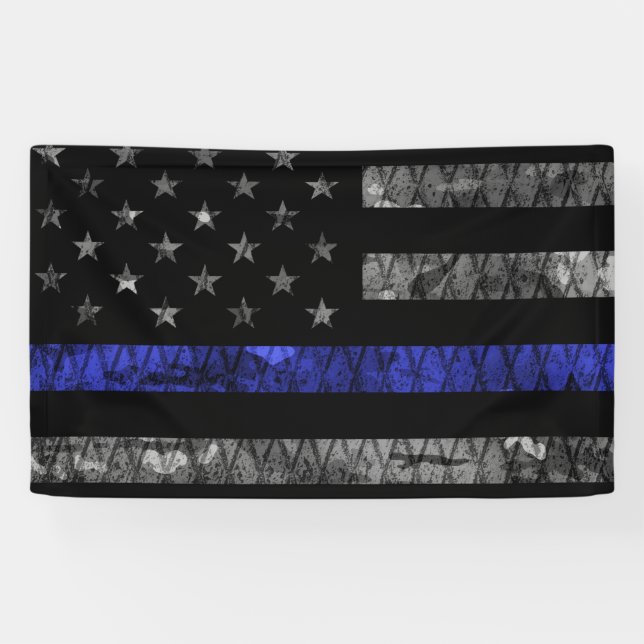 Lona Bandera delgada de la línea azul de la policía (Horizontal)