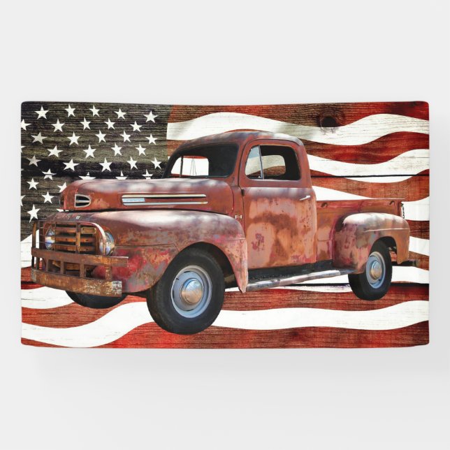 Lona Bandera estadounidense del camión rojo vintage (Horizontal)