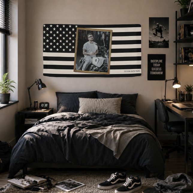Lona Bandera estadounidense personalizada con tu foto,  (Custom American Flag with Your Photo, USA Black Flag Dorm Decor Banner)