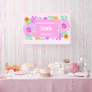 Lona Bandera floral chic moderna rosa cumpleaños 50