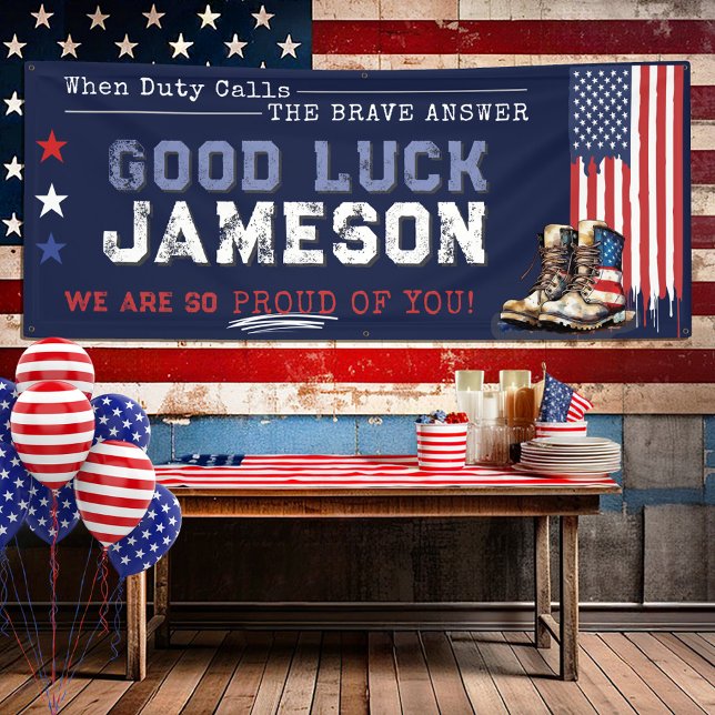 Lona Bandera militar de EE. UU. boots contra Fiesta 2.5 (Personalized rustic 2.5x6' patriotic US Flag and combat boots red white & navy blue farewell banner)