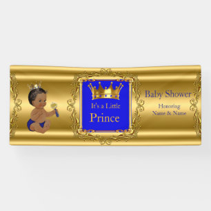 Lona Bandera Príncipe Baby Shower Azul Oro Étnico