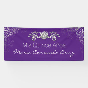 Lona Bandera púrpura y de plata de Quinceanera