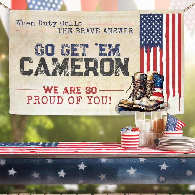 Lona Bandera rusa militar estadounidense despedida Fies (Rustic Patriotic US flag boots red white navy blue military duty going away farewell party banner)