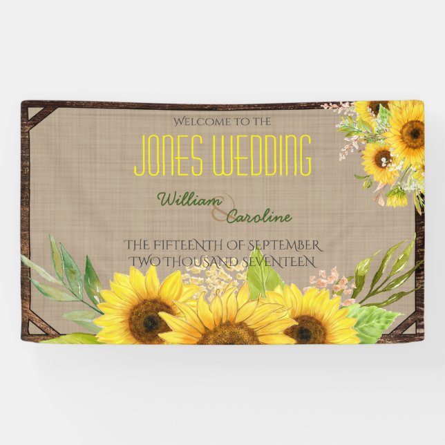 Lona Bandera rústica de la boda del girasol (Horizontal)