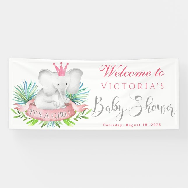Lona Banderas de Baby Shower para elefantes chicas (Horizontal)