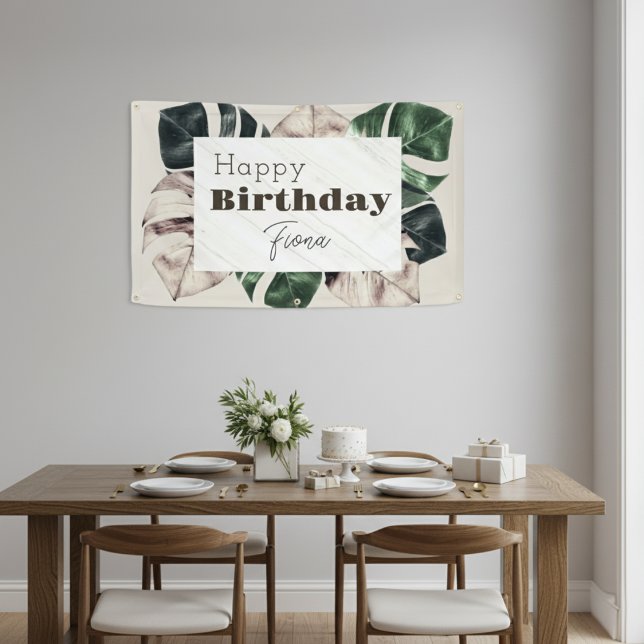 Lona Banderín de Cumpleaños con Hoja de Monstera "Botán ("Botanical Chic" Monstera Leaf Birthday Banner)