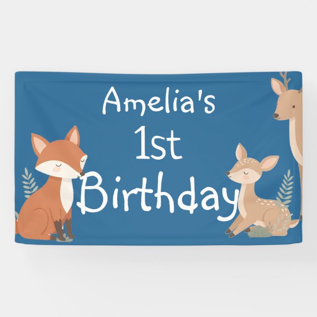 Lona Banderín de Cumpleaños de Animales del Bosque (Horizontal)