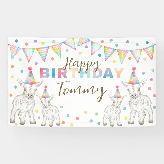 Lona Banderín de cumpleaños de cabra con acuarela adora (Horizontal)