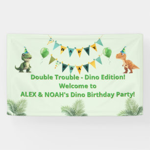 Lona Banderín de cumpleaños de dinosaurios para gemelos