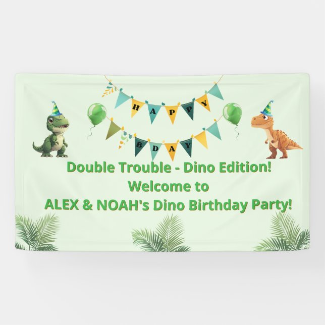 Lona Banderín de cumpleaños de dinosaurios para gemelos (Horizontal)