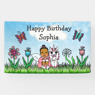 Lona Banderín de Cumpleaños Unicornio y Hada