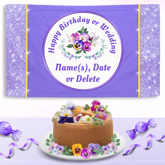Lona Banderín Personalizado de Feliz Cumpleaños con Flo (Pansy Birthday, Banner. Pansies Wedding or any Pansy Birthday Decorations. Purple Birthday Banner.)