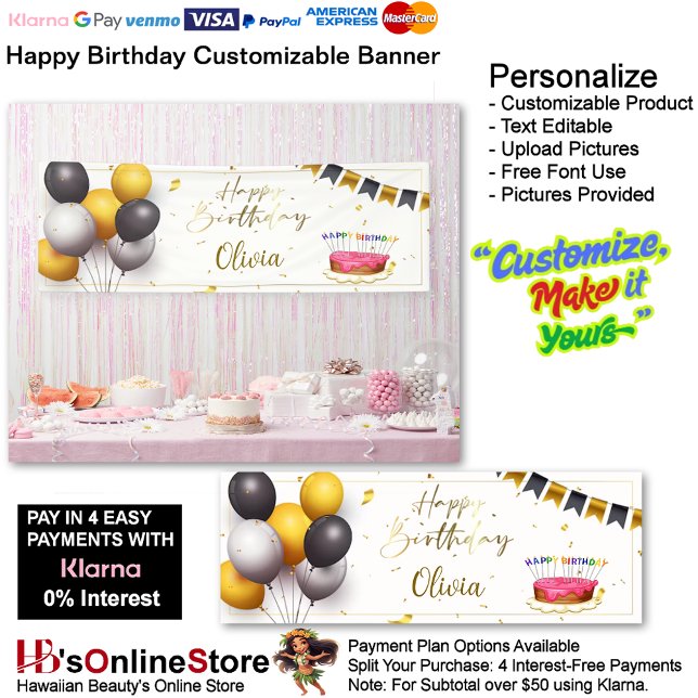 Lona Banner 2 de cumpleaños feliz de personalizable (Happy Birthday Gold Black Party Supplies Celebrate Decoration Cake 2.)
