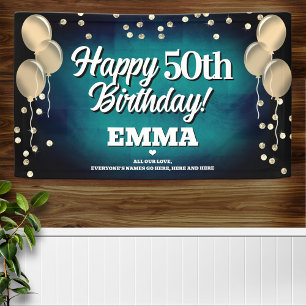 Lona Banner Aqua Blue and Gold Happy Birday