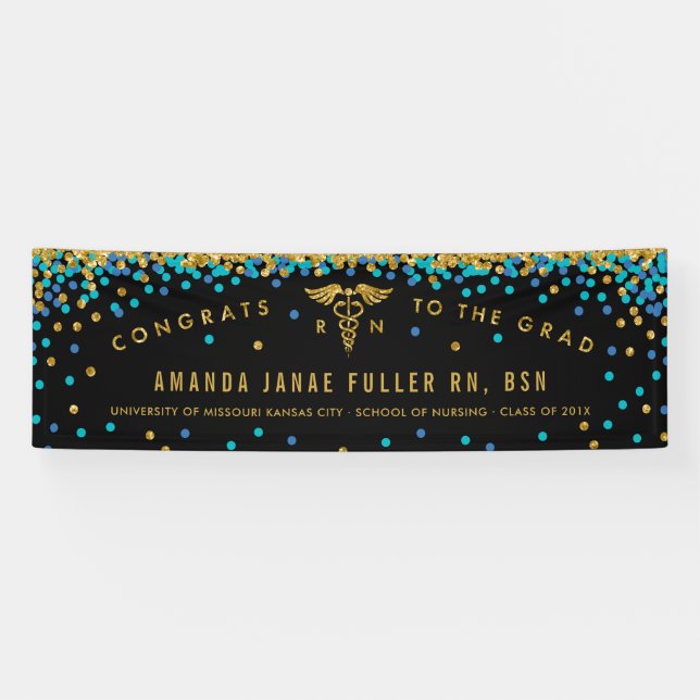 Lona Banner azul y dorado para la fiesta de graduación  (Horizontal)