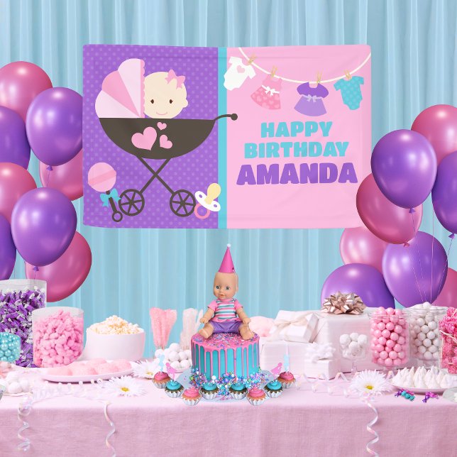 Lona Banner Baby Doll Happy Birthday (Purple Baby Doll Birthday Personalized Hanging Vinyl Birthday Banner. Indoor or outdoor available)