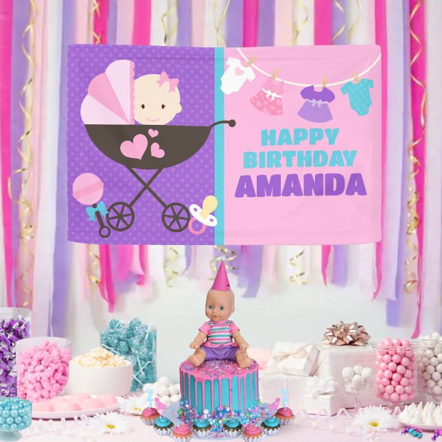 Lona Banner Baby Doll Happy Birthday (Purple Baby Doll Birthday Personalized Hanging Vinyl Birthday Banner. Indoor or outdoor available)