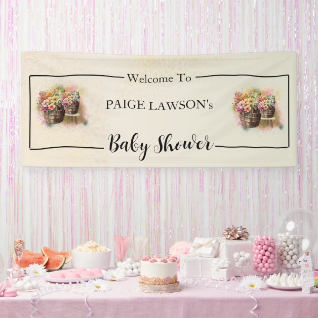 Lona Banner Baby Shower de Barrel de Flor Beige (Fiesta)