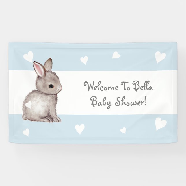 Lona Banner Baby Shower de Blue Heart Bunny (Horizontal)