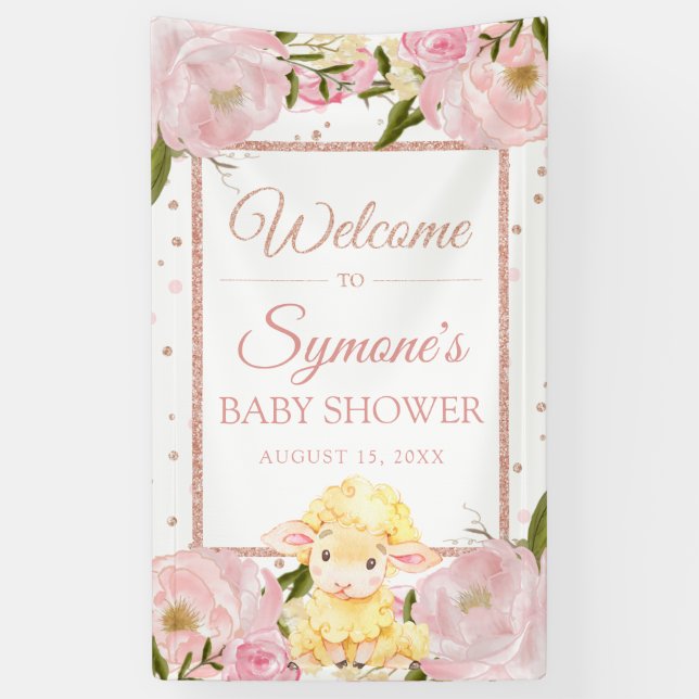 Lona Banner Baby Shower de Personalizado de ovejas rosa (Vertical)