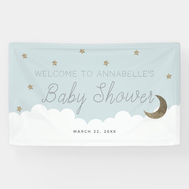 Lona Banner Baby Shower Gold Stars & Moon Blue (Horizontal)