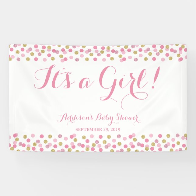 Lona Banner Baby Shower Purpurina rosa y dorado grande (Horizontal)