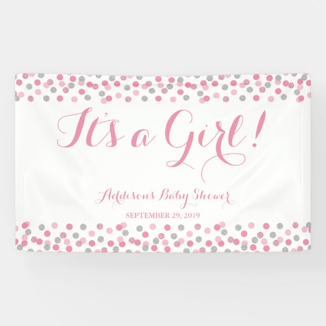 Lona Banner Baby Shower Purpurina rosa y plateado grand (Horizontal)